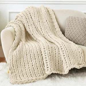 Chunky Knit Blanket Throw, 100% Hand Knit Chenille Throw Blanket for Sofa & Home - Picture 1 of 9