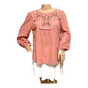 Max Studio Womens Embroidered Yoke Top Blouse S Cotton Peasant Boho Cottagecore - Picture 1 of 17