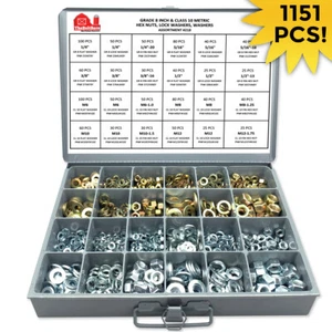 Inch & Metric Grade 8 Hex Nut, Lock Washer and Flat Washer Assortment -1151 Pcs! - Picture 1 of 2