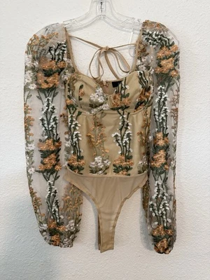 Lulus Mesh Green and white Floral Embroidered Body Suit with built in underwire - Image 1 of 4