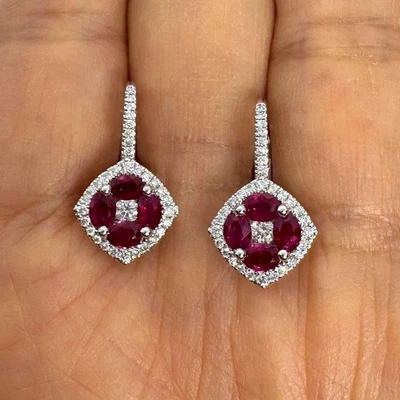 14k White Gold Plated Drop Leverback Women Earring 1.5Ct Lab Created Ruby Oval - Image 1 of 4