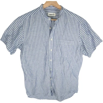Taylor Stitch Mandarin Collar Short Sleeve Linen/Cotton Blue Stripe Shirt 40 - Image 1 of 4
