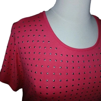 89TH AND MADISON Womens 1X Bling Studs Short Sleeve Stretch Hi-Lo Hem Pink Top  - Image 1 of 4