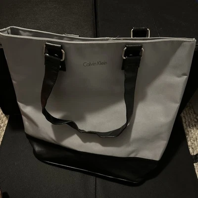 Calvin Klein Large Gray Tote Purse Polyester Black Shoulder Bag Magnetic Zipper - Image 1 of 4