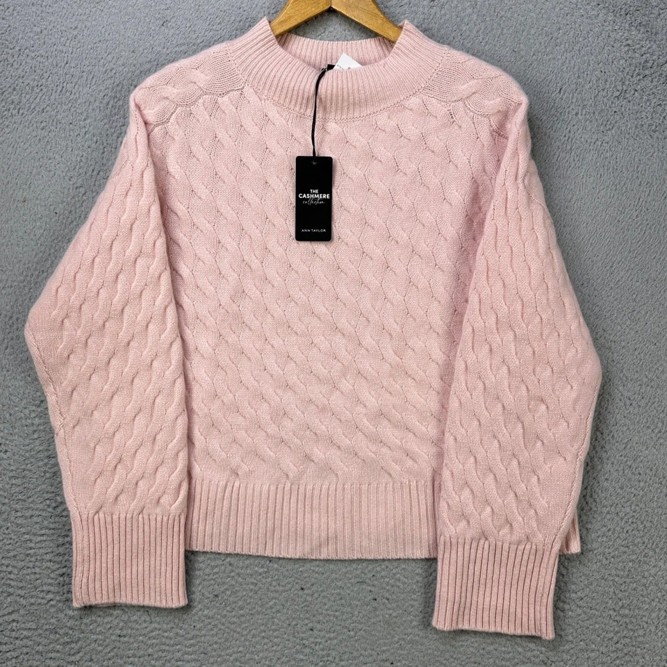 Suéter Ann Taylor 100% Cachemira Mujer Medio Rosa Claro Tejido con Cable Cuello Redondo NUEVO Foto 1 de 4