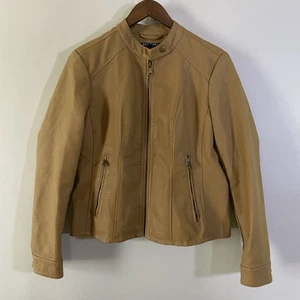 Baccini Tan Faux Leather Moto Jacket Zip Front Snap Collar M - Picture 1 of 10