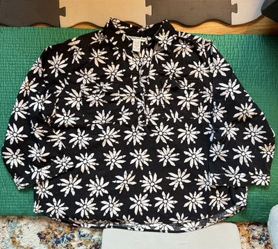 Винтажная льняная рубашка 90-х Cathy Daniels с цветочным узором на пуговицах с черным воротником вискоза 3X - Изображение 1 из 4