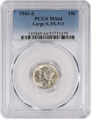 1941-S Mercury Silver Dime Large S FS-511 MS64 PCGS - Image 1 of 2