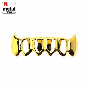 Colmillos de hip hop para hombre cuatro caras abiertas enchapados en oro 14K dientes inferiores Grillz S020 4F G - Imagen 1 de 2