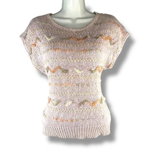 Vintage Coquette Pink Knit Short Sleeve Beaded/Embroidered Vest Boho Retro Sz S - Picture 1 of 5