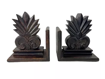 Hand Carved Fleur De Lis Dark Brown Solid Wood Bookends Old World - Image 1 of 4