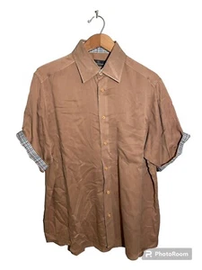 Bugatchi Woven Button Shirt Men’s Medium Short Sleeve Twill Tan Pocket Minimal - Picture 1 of 7