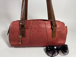 FOSSIL Red Leather Paisley Floral Embossed Shoulder Bag 