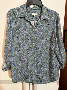 Talbots Petites blau & grün Paisley Bluse Größe LP - Bild 1 von 1