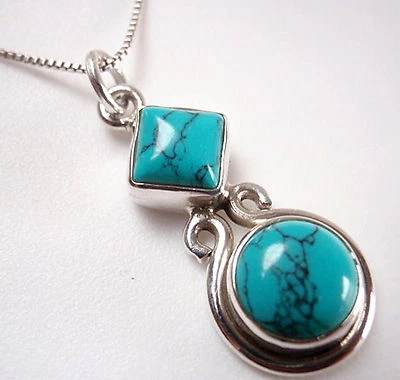 Blue Turquoise Round and Square 925 Sterling Silver Pendant Corona Sun Jewelry - Image 1 of 2