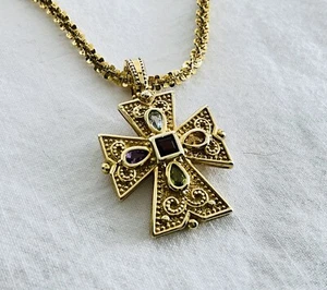 Veronese Sterling Silver 18K Clad 925 16” Chain Necklace Cross Gemstone Pendant - Picture 1 of 4