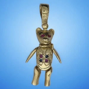 Vintage Teddy Bear Jointed Pendant - Gemstone Set - 9ct Yellow Gold - 33x20mm - Picture 1 of 13