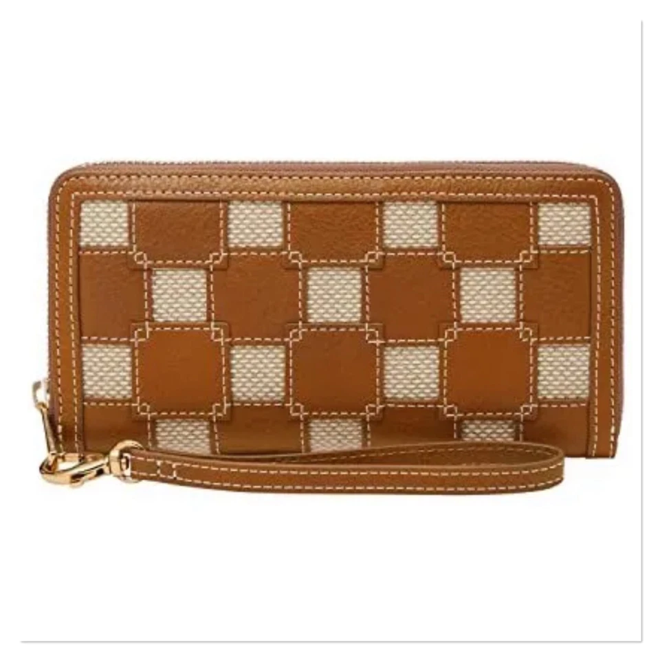 FOSSIL Logan Leather/Fabric Wallet RFID Blocking With Snap Button Clutch