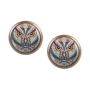 Mylery Stud Earrings Pair with Owl Bronze Motif Various Sizes - Picture 1 of 6