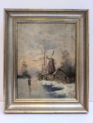 Ölgemälde um 1900 SIGNIERT A. Engels WINTER Frau WINDMÜHLE Landschaft EIS ANTIK - Bild 1 von 4