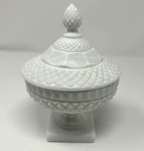 Westmoreland Vintage Footed Milk Glass Covered Candy Dish Diamond Cut Hobnail - Picture 1 of 8