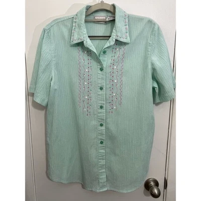 Camisa Vintage Napa Valley Média Listrada Aqua Bordada Grandma Core - Imagem 1 de 4