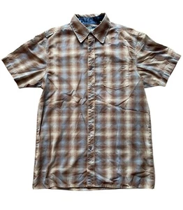 VTG Split Skate Button Up Short Sleeve Shirt Mens Small Blue Gray Brown Plaid - Picture 1 of 7