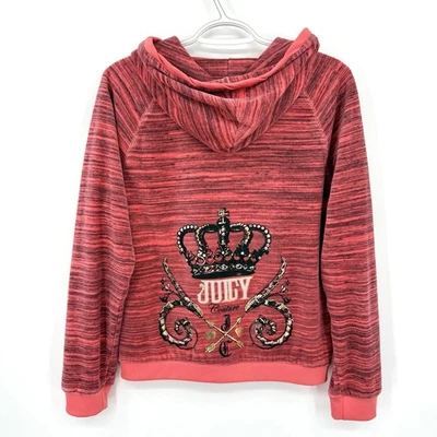 Juicy Couture Size Large Pink/Salmon Velour Zip-Up Hooded Sweatshirt Jacket Y2K - Image 1 of 4