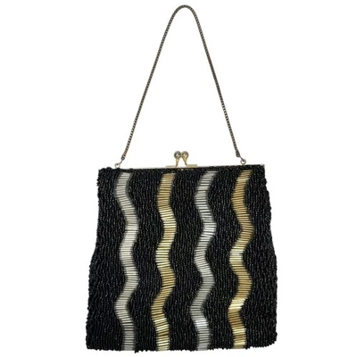 Bolso de Noche Brillante BOLSO CON CUENTAS De Colección Negro y Dorado Corneta Cuentas Rayas Cierre de Beso Foto 1 de 4