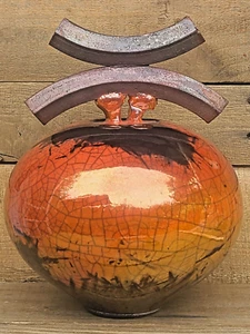 BOB SMITH Signed Raku Fine Art Glazed Pottery Lidded Pot Vessel Sculpture Orange - Picture 1 of 19