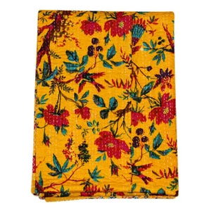 Yellow Kantha Quilt Cotton Bedspreads Handmade Blanket Hippie Vintage Bed Cover - Picture 1 of 4