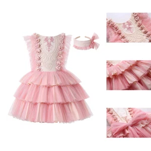 Pink Girl Layered Dress Ceremony Party Pageant Princess Flower Dresses Summer US - Picture 1 of 12
