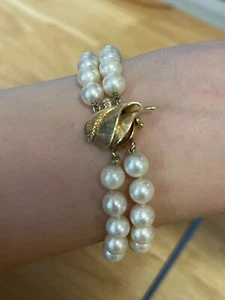 Vintage Cultured Pearl & 14K Yellow Gold Double-Strand Bracelet 5.5 Inches - Picture 1 of 6