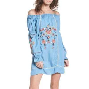 SOCIALITE Kleid L Blumenstickerei Etuikleid Langarm Schulterfrei Boho Festival - Bild 1 von 8