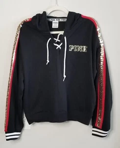 VICTORIA’S SECRET PINK LACE UP HOODIE LOVE PINK ROSES SEQUIN BLING Pocket SZ. M - Picture 1 of 5