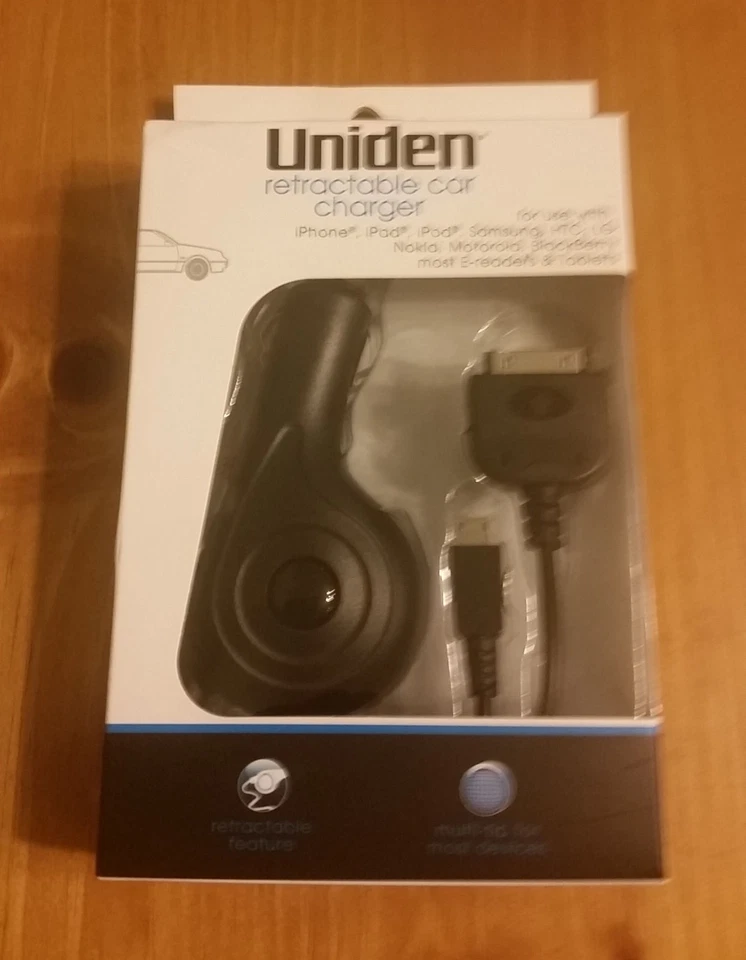 Выдвижное автомобильное зарядное устройство Uniden 30-контактный разъем Apple и разъем micro USB - Изображение 1 из 1