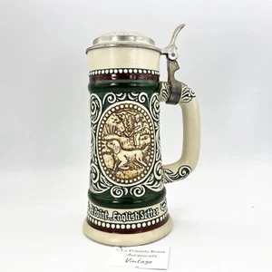 Boccale da birra in ceramica vintage con coperchio in peltro Scena Caccia Pesca - Picture 1 of 12