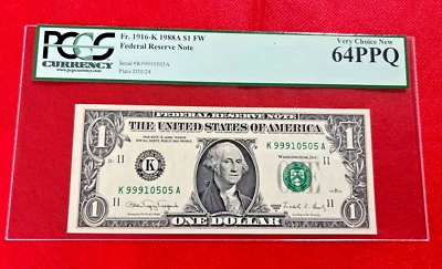 FR 1916K 1988A FW FEDERAL RESERVE NOTE PCGS CURRENCY 64PPQ VERY CHOICE NEW - Image 1 of 2