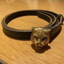Gucci Feline Tiger Cat Head Buckle Gold Leather Belt Black Size 75