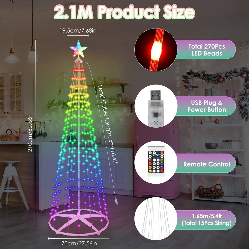1.8M/2.1M Christmas Cone Tree Light Outdoor Xmas Tree Light Decor w/App+Remote - Image 1 of 4