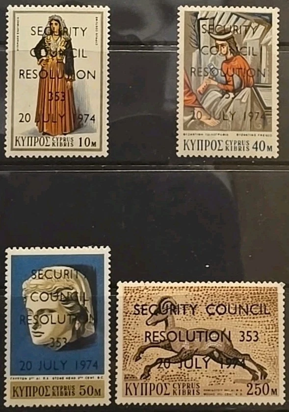 Cyprus Scott 424-427 Conselho de Segurança da ONU Resoluções Chipre 1974 Muito bom estado, sem marca de charneira conjunto b - Imagem 1 de 1