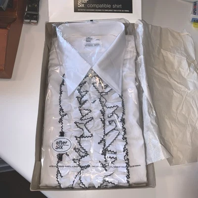 Camisa Esmoquin De Colección After Six Hombres 2XL8 Blanco/Negro Volantes Puño Francés Abotonada Años 70 Foto 1 de 4