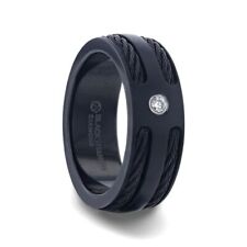 Black Titanium Ring with Double Black Rope Inlay and Round White Diamond - 8mm