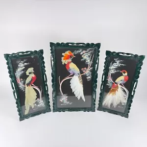 Vintage Mexican Feathercraft Feather Bird Art Pictures (3) in Carved Wood Frames - Picture 1 of 17