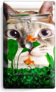 FUNNY CAT WATCHING GOLD FISH AQUARIUM LIGHT DIMMER CABLE WALL PLATES ROOM DECOR - Picture 1 of 1
