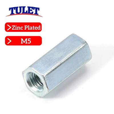 M5-0.80 Long Rod Connector Hex Coupling Nuts with Zinc Plated DIN 6334 Metric - Image 1 of 4
