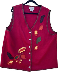 lemon grass wool vest embroidered size 20W leaves autumn burgundy