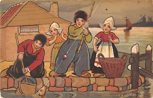 Old postcard illustrator / j.wells / children fishing / dutch taste - Picture 1 of 1