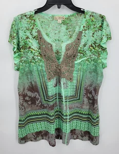 Let and Let Live Top Womens XL Green Artsy Boho Lace Trim Bell Sleeve Knit - Picture 1 of 10