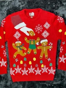 Suéter de Fiesta 25 de Dic Mediano 100% Acrílico Pan de Jengibre Hombre Copos de Nieve ROJO USADO EN EXCELENTE ESTADO - Imagen 1 de 10